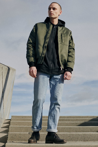 Какие туфли дерби носить с темно-бирюзовым бомбером