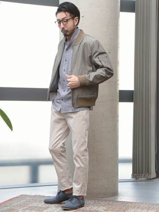 Какие туфли дерби носить с темно-бирюзовым бомбером