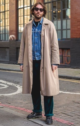 Какие плащи носить с темно-бирюзовыми брюками чинос