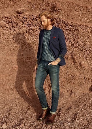 Какие пиджаки носить с темно-бирюзовыми джинсами мужчине