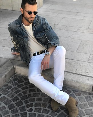 С чем носить темно-бирюзовые замшевые ботинки мужчине