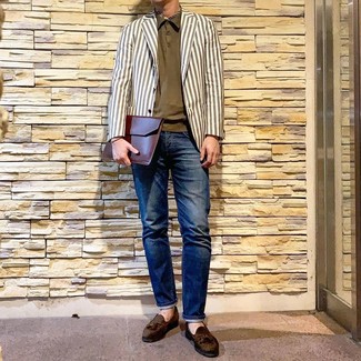 С чем носить темно-бирюзовые замшевые лоферы мужчине