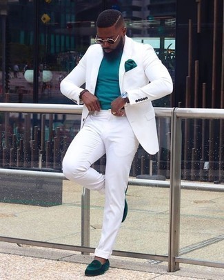 С чем носить темно-бирюзовые замшевые лоферы мужчине