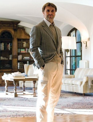 С чем носить темно-бирюзовую куртку в вертикальную полоску мужчине