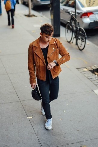 Какие брюки чинос носить с табачной косухой