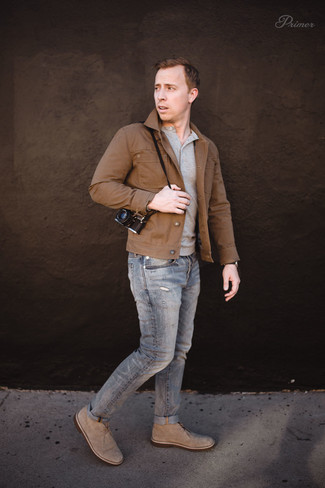 С чем носить табачную джинсовую куртку мужчине