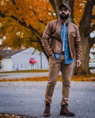 Какие бомберы носить с табачными джинсами мужчине