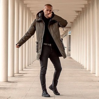 Какие парки носить с табачными джинсами мужчине