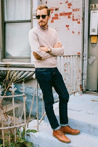 С чем носить табачные кожаные повседневные ботинки мужчине