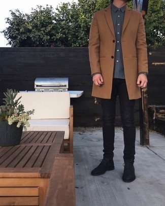 С чем носить табачное длинное пальто