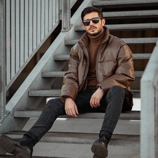 С чем носить табачную куртку-пуховик мужчине