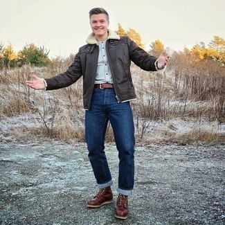 Какие джинсы носить с табачной короткой дубленкой мужчине
