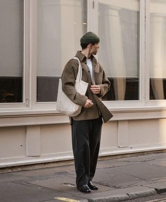 С чем носить табачную куртку-рубашку мужчине