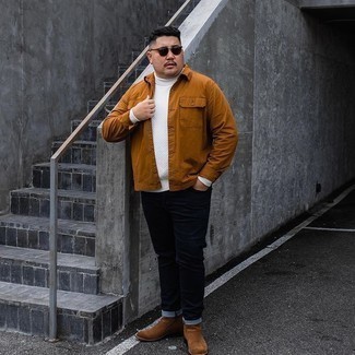 С чем носить табачную куртку-рубашку мужчине