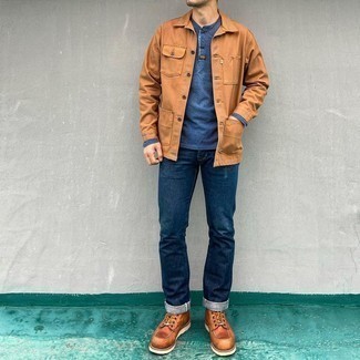С чем носить табачную куртку-рубашку мужчине