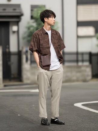 Мужская коричневая рубашка с коротким рукавом с принтом от Uma Wang