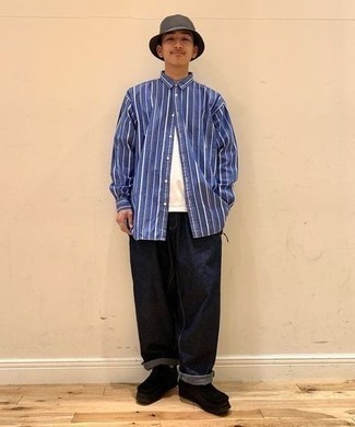 Мужская темно-сине-белая рубашка с длинным рукавом в вертикальную полоску от Maison Mihara Yasuhiro
