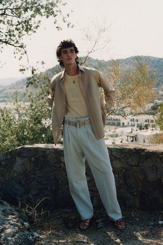 Мужская светло-коричневая рубашка с длинным рукавом в вертикальную полоску от Benjamin Benmoyal