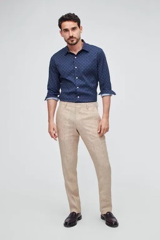 Мужская темно-сине-белая рубашка с длинным рукавом в горошек от Dolce & Gabbana