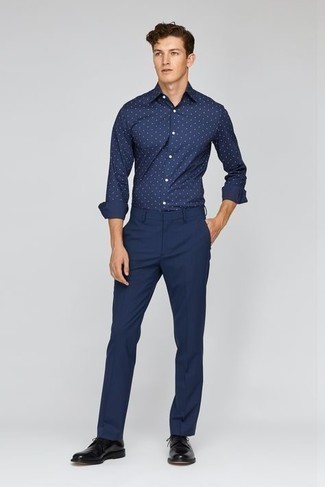 Мужская темно-сине-белая рубашка с длинным рукавом в горошек от Dolce & Gabbana