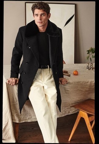 Мужское черное пальто с меховым воротником от Saint Laurent