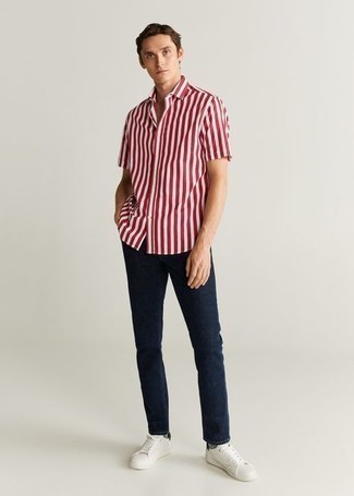 Мужская бело-красная рубашка с коротким рукавом в вертикальную полоску от Polo Ralph Lauren