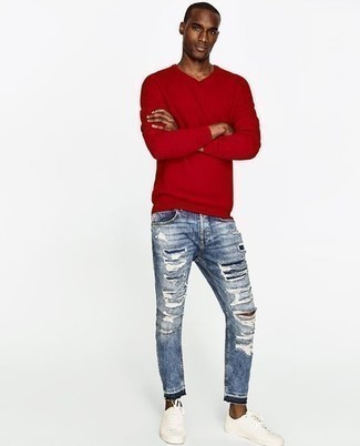 Мужской красный свитер с v-образным вырезом от Alexander McQueen