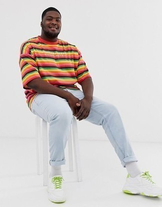 Мужская разноцветная футболка с круглым вырезом в горизонтальную полоску от MAISON KITSUNÉ
