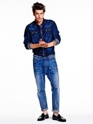 Мужская темно-синяя джинсовая рубашка от Brunello Cucinelli