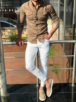 Мужские белые зауженные джинсы от Kiton