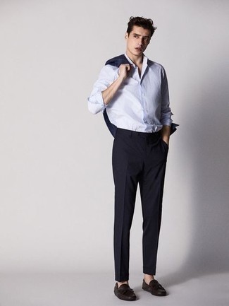 Мужская голубая рубашка с длинным рукавом в вертикальную полоску от Gucci