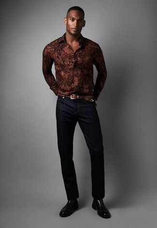 Мужская коричневая рубашка с длинным рукавом с принтом от Prada
