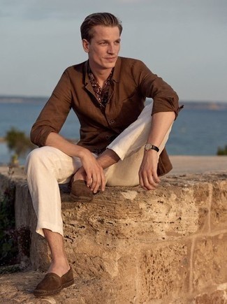 Мужская темно-коричневая рубашка с коротким рукавом с принтом от New Look