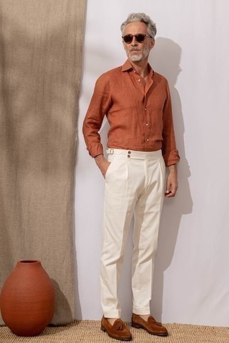 Мужская оранжевая льняная рубашка с длинным рукавом от Boglioli