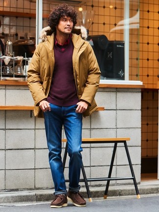 Как носить свитер с v-образным вырезом с паркой мужчине