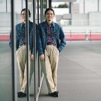 С чем носить фиолетовую рубашку с длинным рукавом в мелкую клетку мужчине