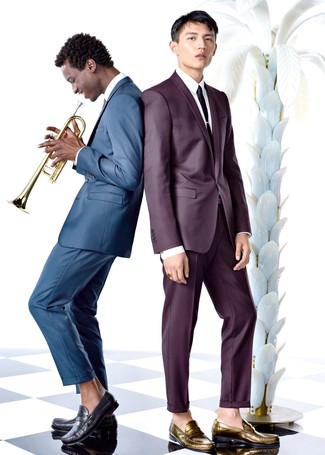 Какие лоферы носить с фиолетовым костюмом