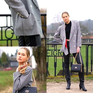 С чем носить бело-черный пиджак в клетку женщине