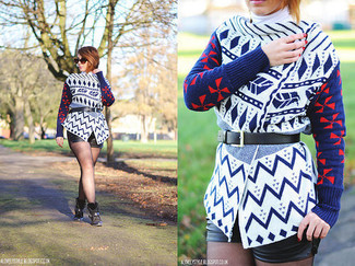 С чем носить бело-черный открытый кардиган с геометрическим рисунком женщине