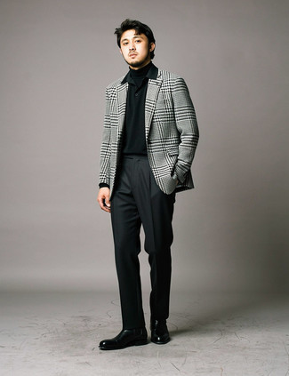 С чем носить бело-черный шерстяной пиджак с узором "гусиные лапки" мужчине