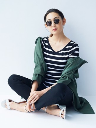 С чем носить бело-черные кожаные босоножки на каблуке