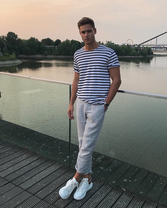 С чем носить бело-черные кожаные низкие кеды мужчине