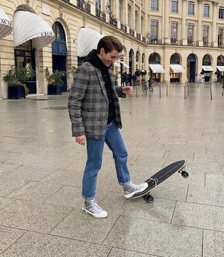 С чем носить бело-черный шерстяной пиджак мужчине