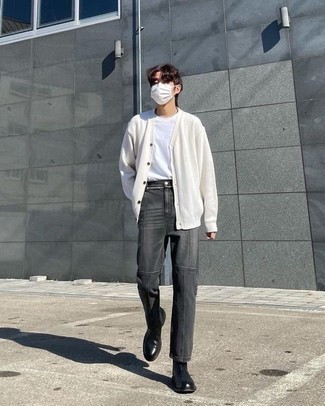 С чем носить бело-темно-синий кардиган мужчине