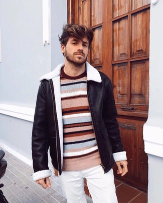 Какие короткие дубленки носить с белыми брюками чинос