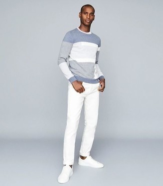 С чем носить белый свитер с круглым вырезом мужчине