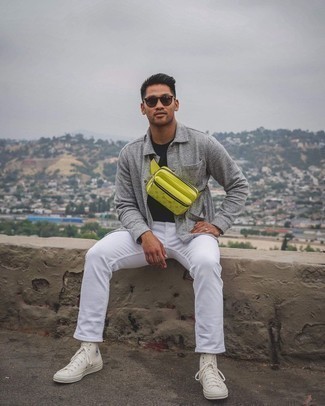 Какие куртки-рубашки носить с белыми высокими кедами мужчине