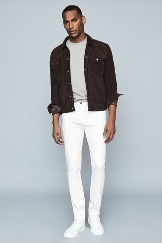 Какие куртки-рубашки носить с белыми высокими кедами мужчине