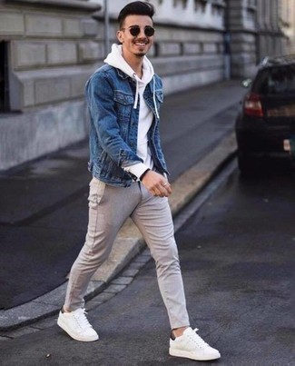 Какие джинсовые куртки носить с белым худи мужчине