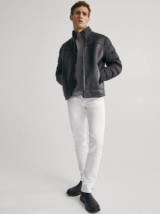 Какие бомберы носить с белыми джинсами мужчине